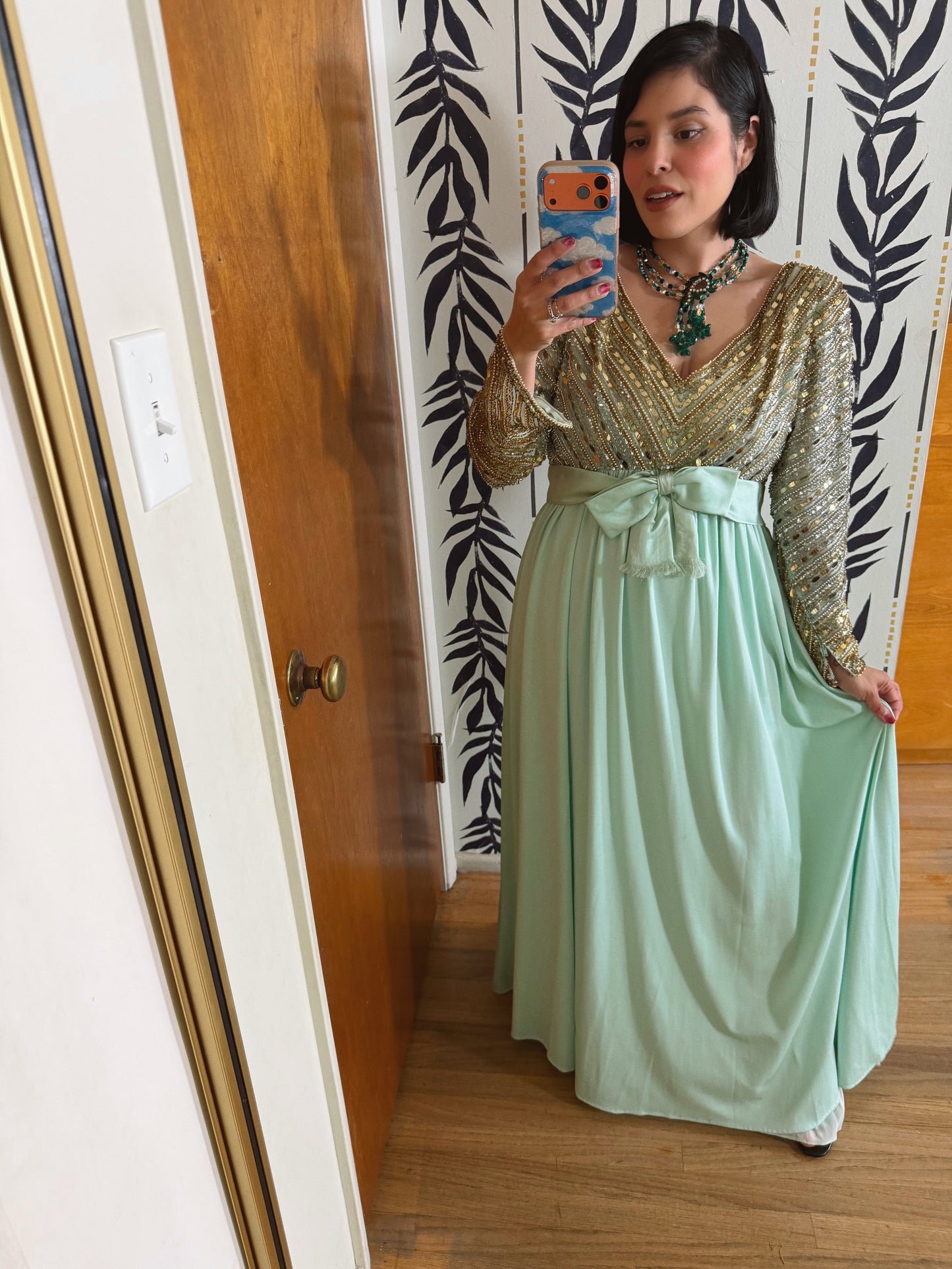 60s Vibes Victoria Royal Ltd. Embellished Chiffon Sea foam Green Gown S-M & possible size L