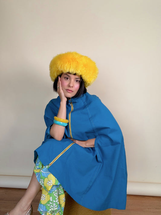 Vintage 60s Marine Blue Mod Poncho Gold Zip Cape by Jonathan Logan Fits all sizes