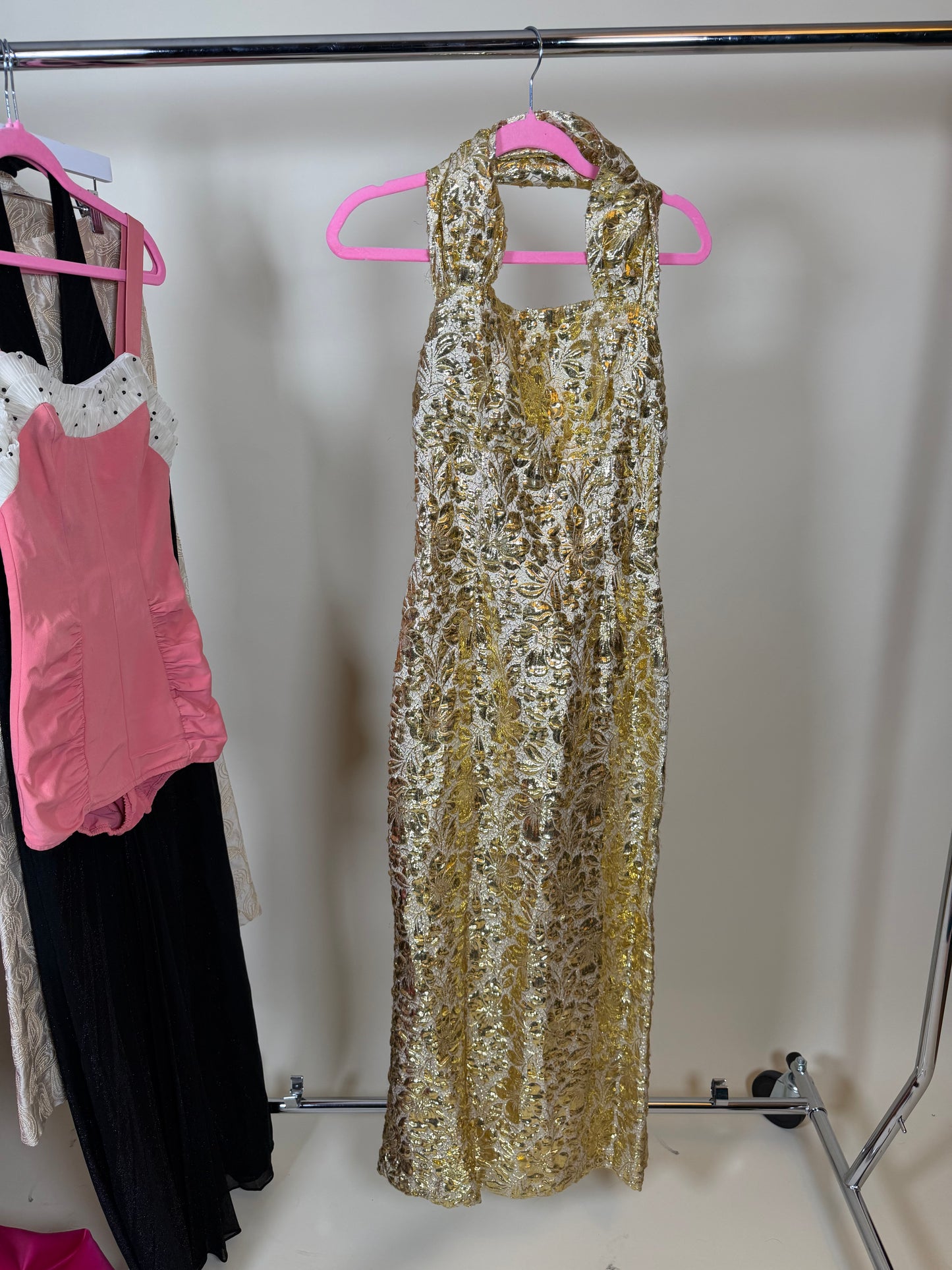 50s Vintage Gold Brocade Bombshell Halter Gown XS-SM