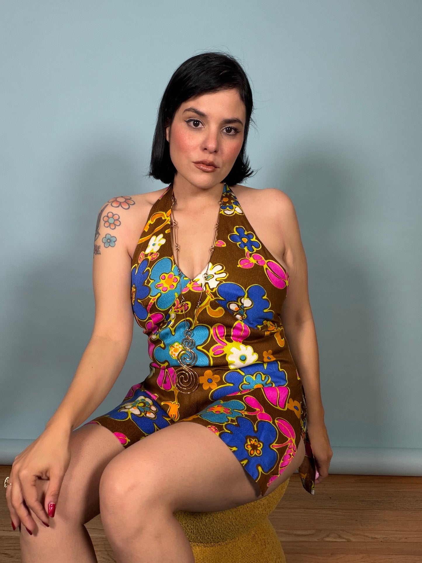 60/70s Chocolate Tropical Floral Poolside Set Fits XS-SM