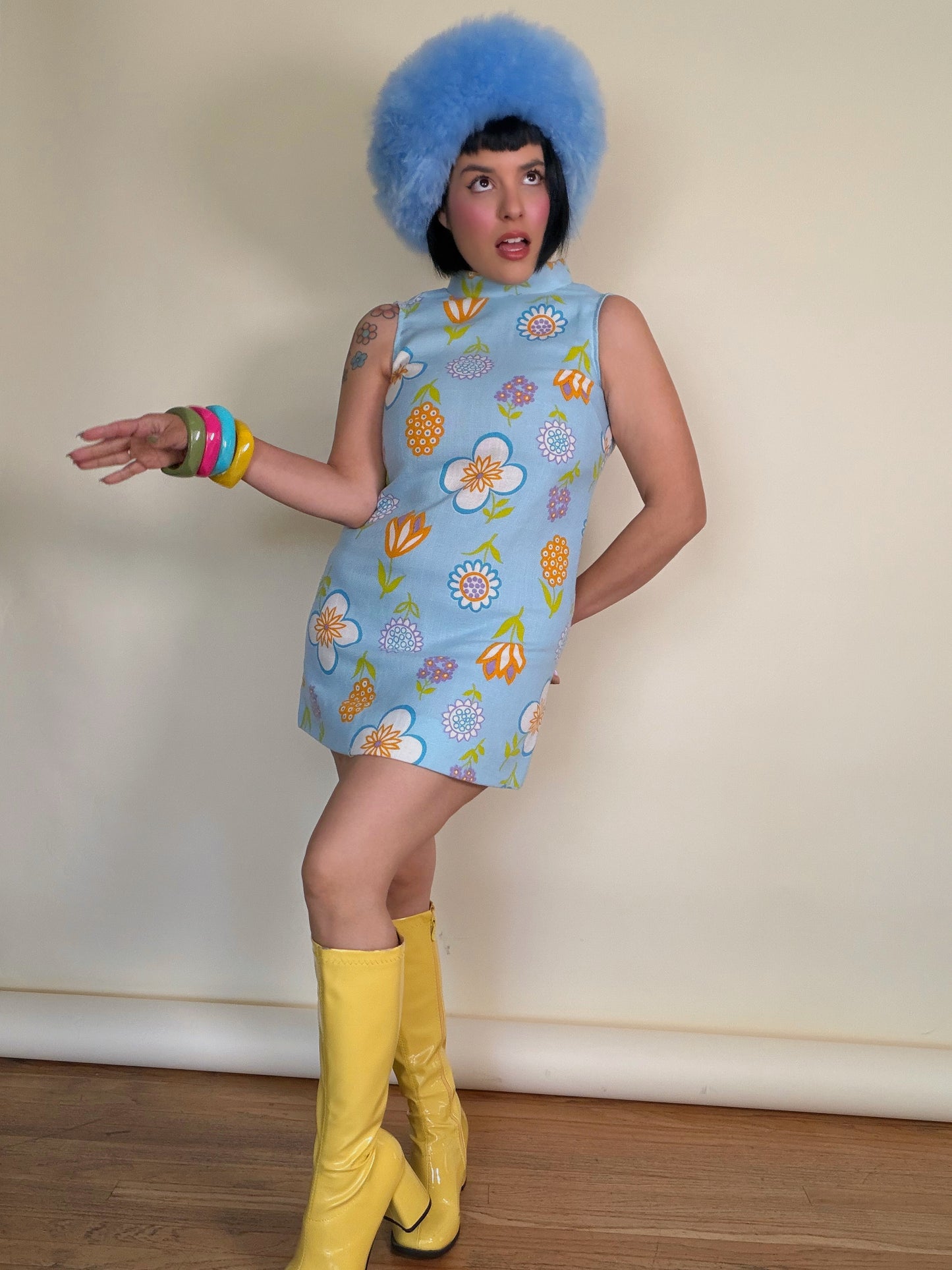 Vintage 60s Powder Blue Floral Mini Dress Fits XS-SM