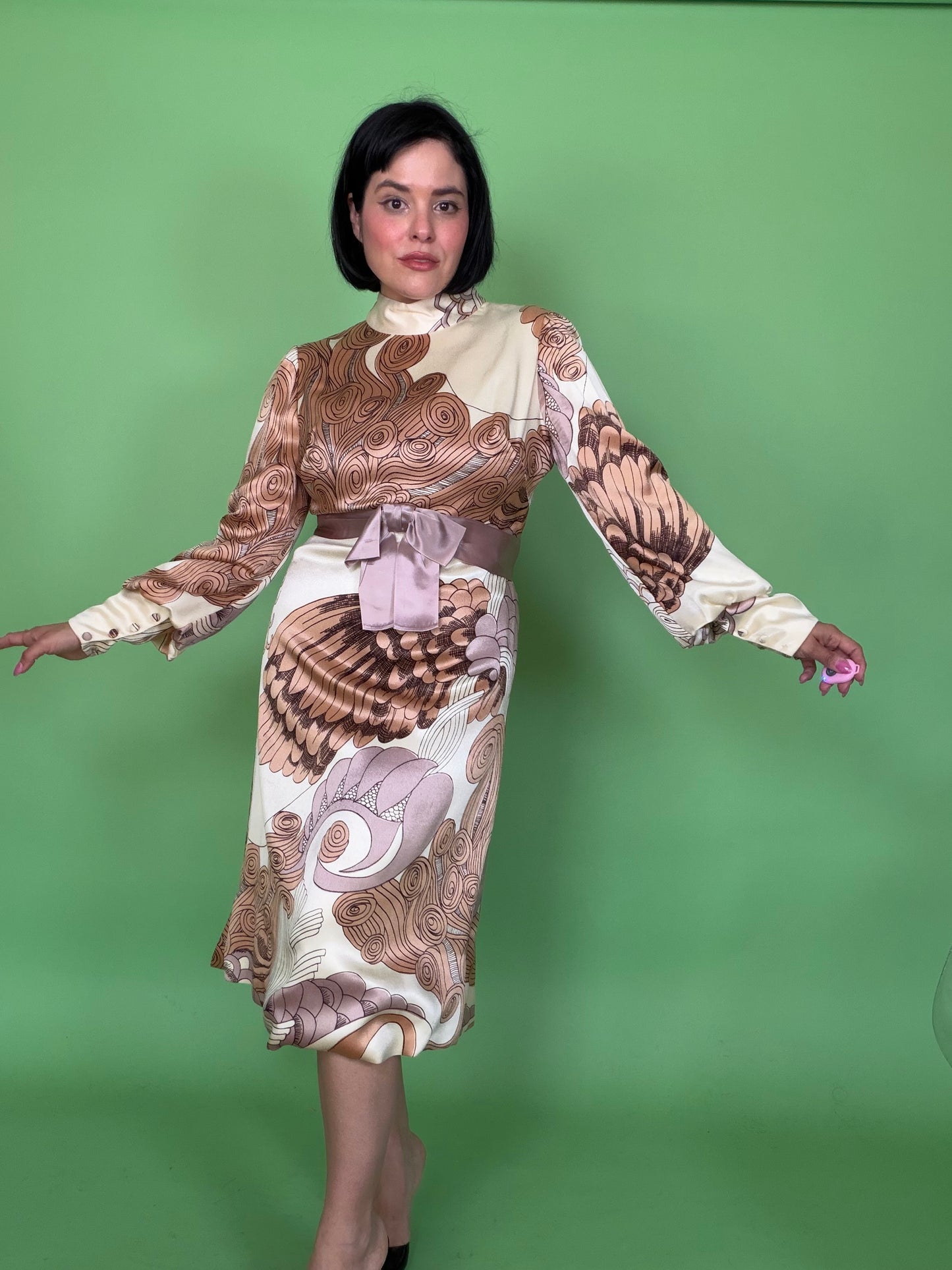 Vintage 60s Silk Satin Estevez Abstract Feather Print Dress XS-M