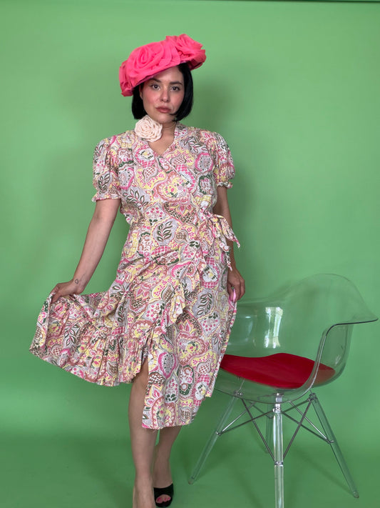 Vintage 40s Novelty Print Cotton Wrap Dress Modern Aire Fits S-L