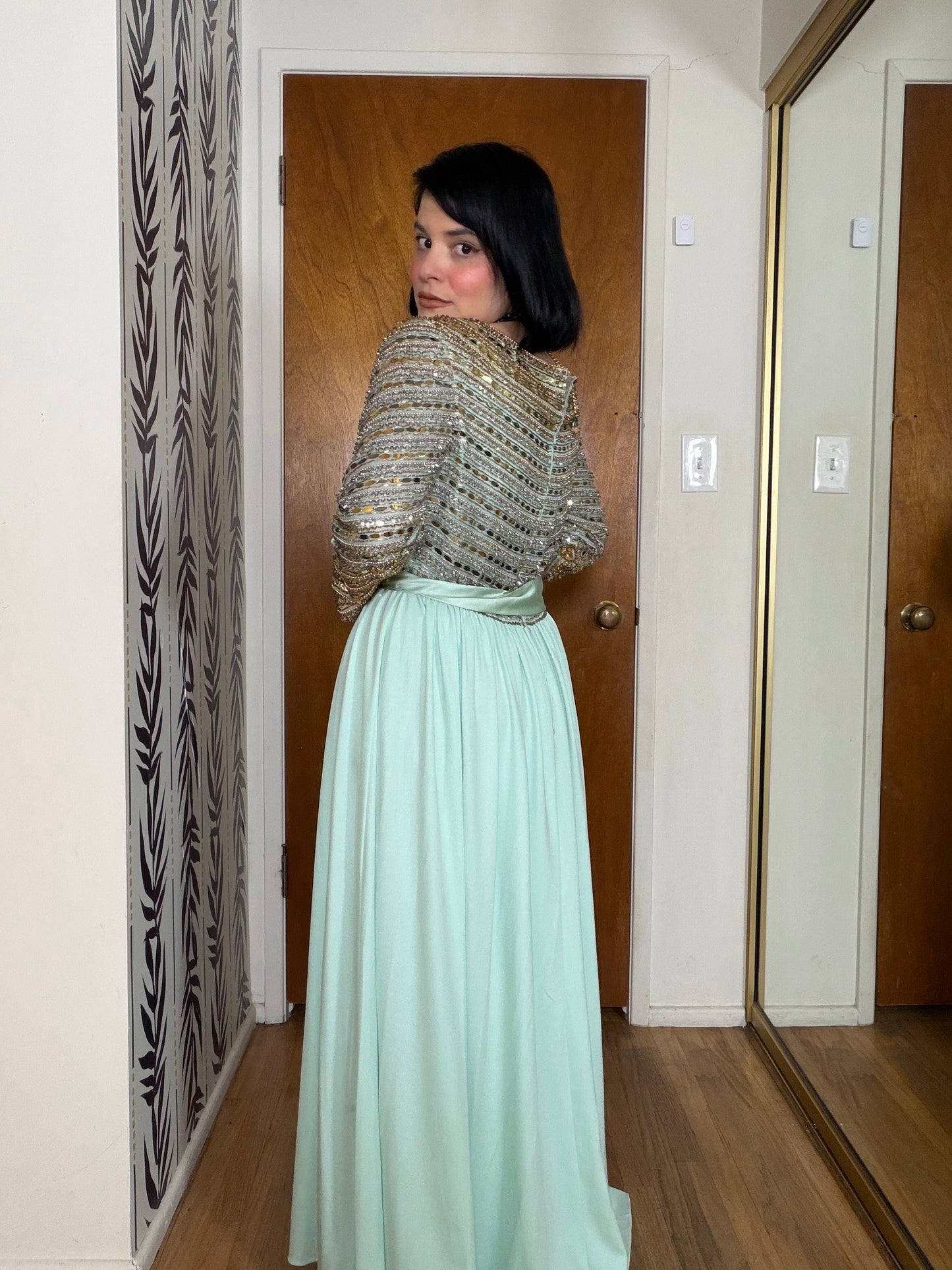 60s Vibes Victoria Royal Ltd. Embellished Chiffon Sea foam Green Gown S-M & possible size L