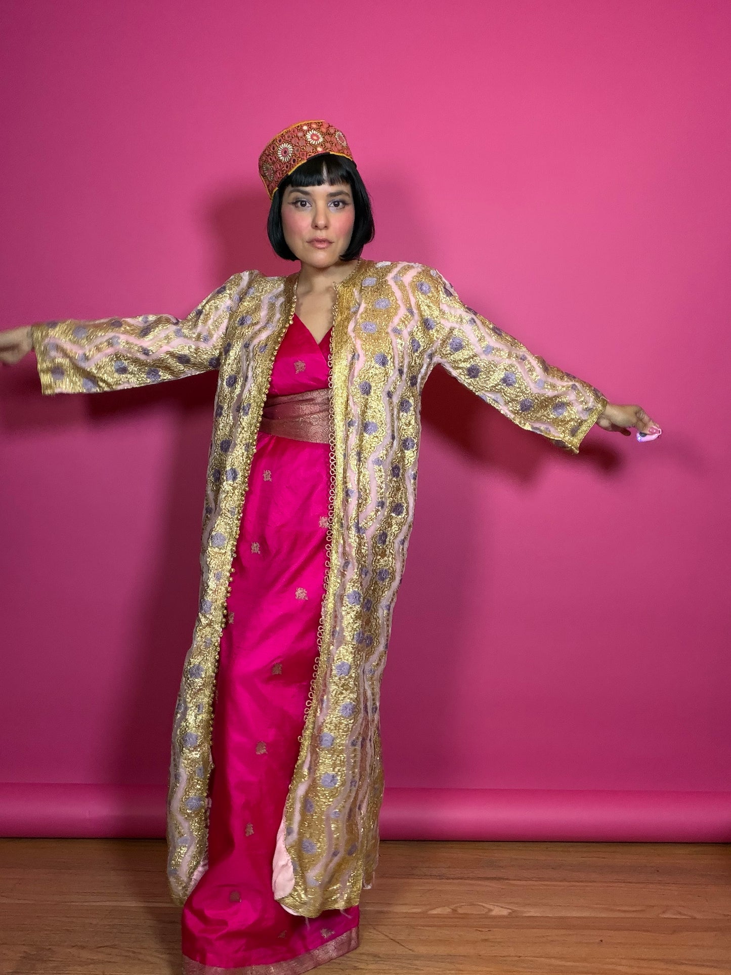Vintage 60s Gold & Purple Floral Lame Kaftan Fits XS-M