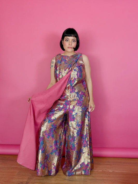 Vintage 60s Floral Gold Lame Hostess Jumpsuit Fits XS-SM & possible size M