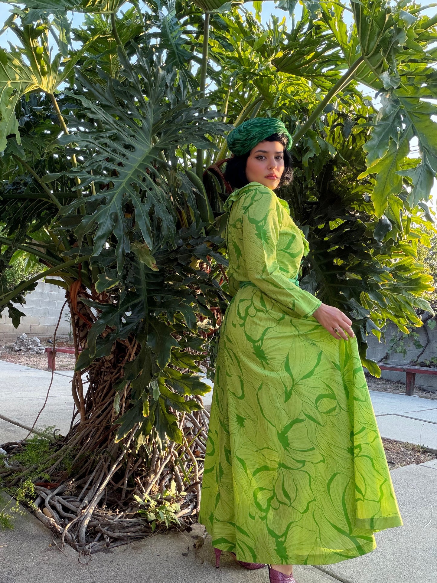 Vintage 60s McKells of Dallas Palm Leaves Cotton Material Extreme Palazzo Jumpsuit Fits XS-M