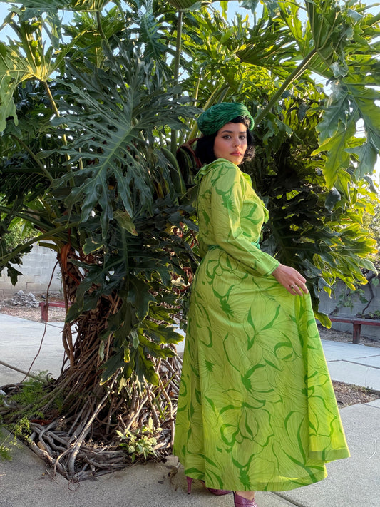 Vintage 60s McKells of Dallas Palm Leaves Cotton Material Extreme Palazzo Jumpsuit Fits XS-M