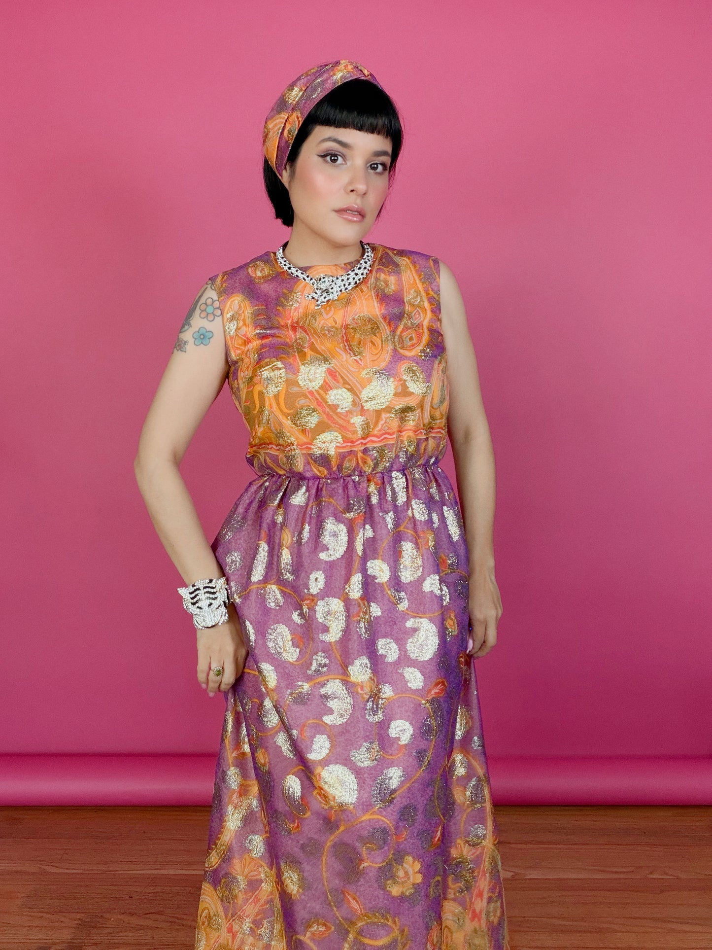 Vintage 60s Krist Sunset Ombre & Gold Paisley Gown Fits XS-SM & Possible size M