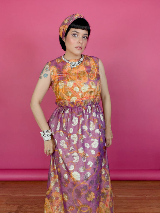 Vintage 60s Krist Sunset Ombre & Gold Paisley Gown Fits XS-SM & Possible size M