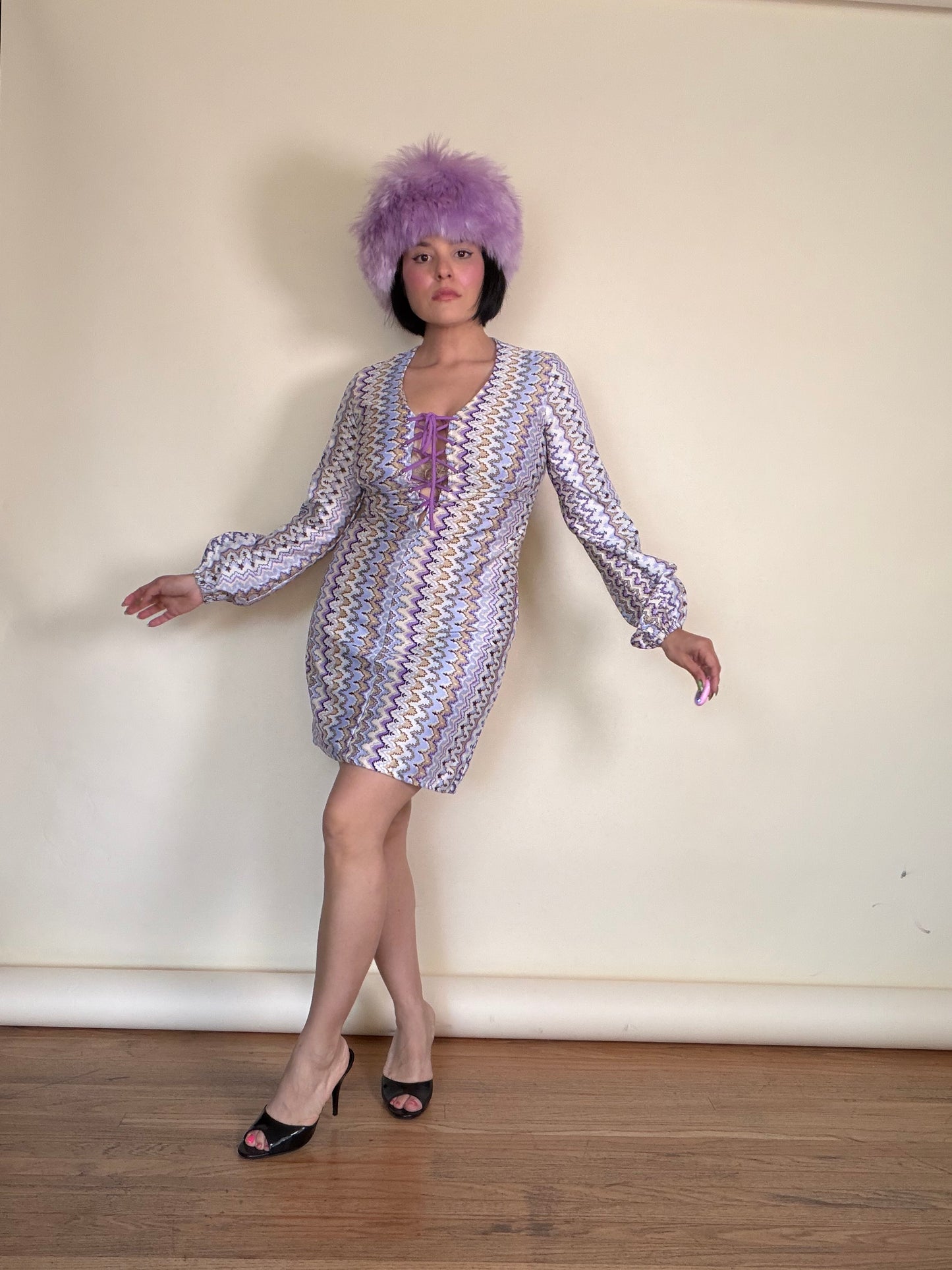 Vintage 60s “Missoni” Style Zig Zag Print Lace up Dress Fits XS-SM