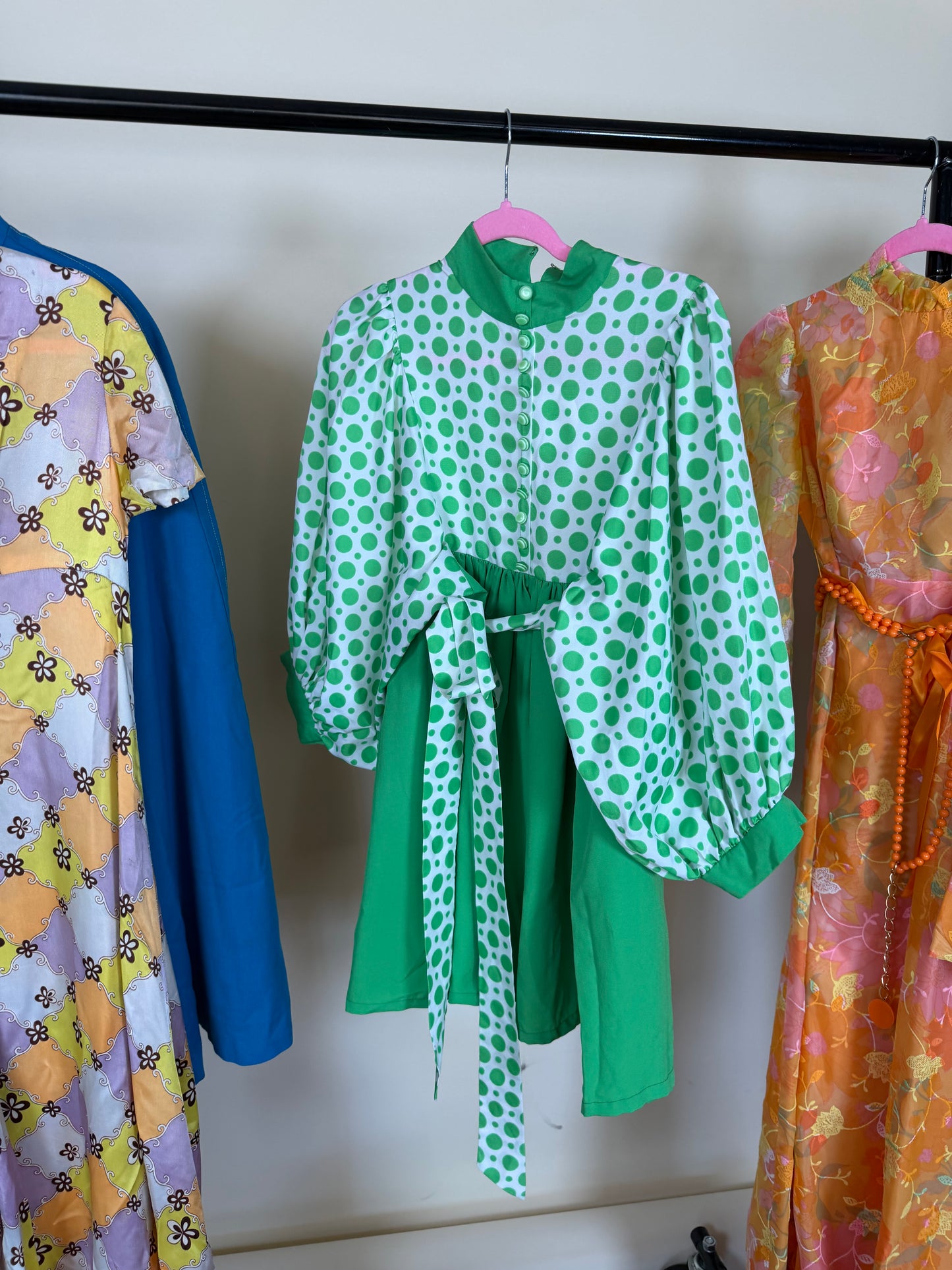 Vintage 60s Mod Balloon Sleeve Green Polkadot Babydoll Mini XS-M