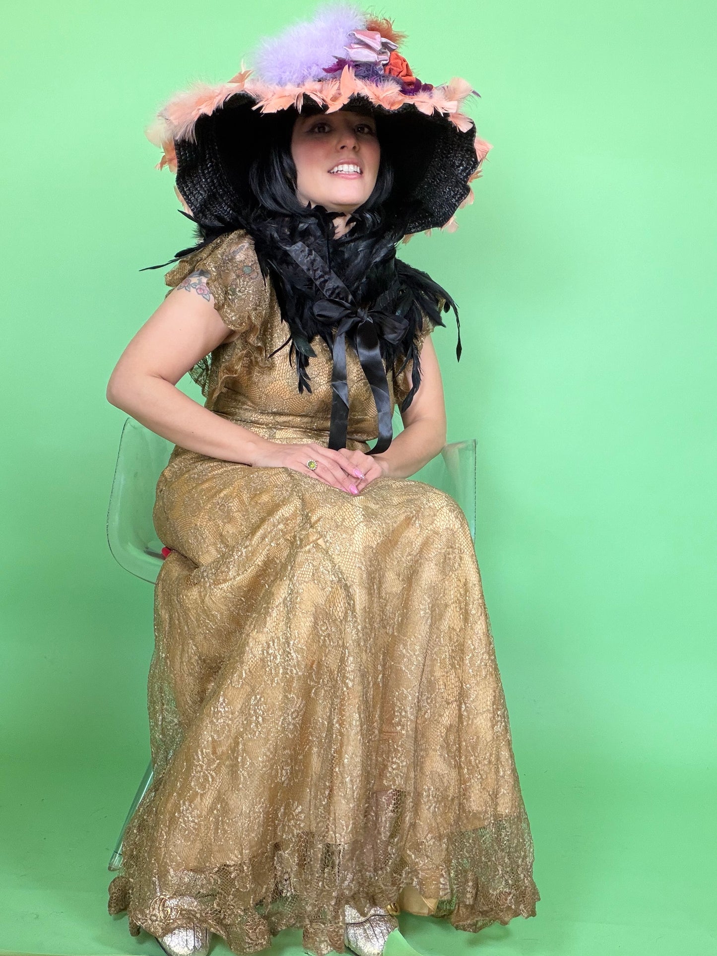 Vintage 30s Bronze Metallic Lace with Velvet Detail Gown Fits XS-SM & Possible size M
