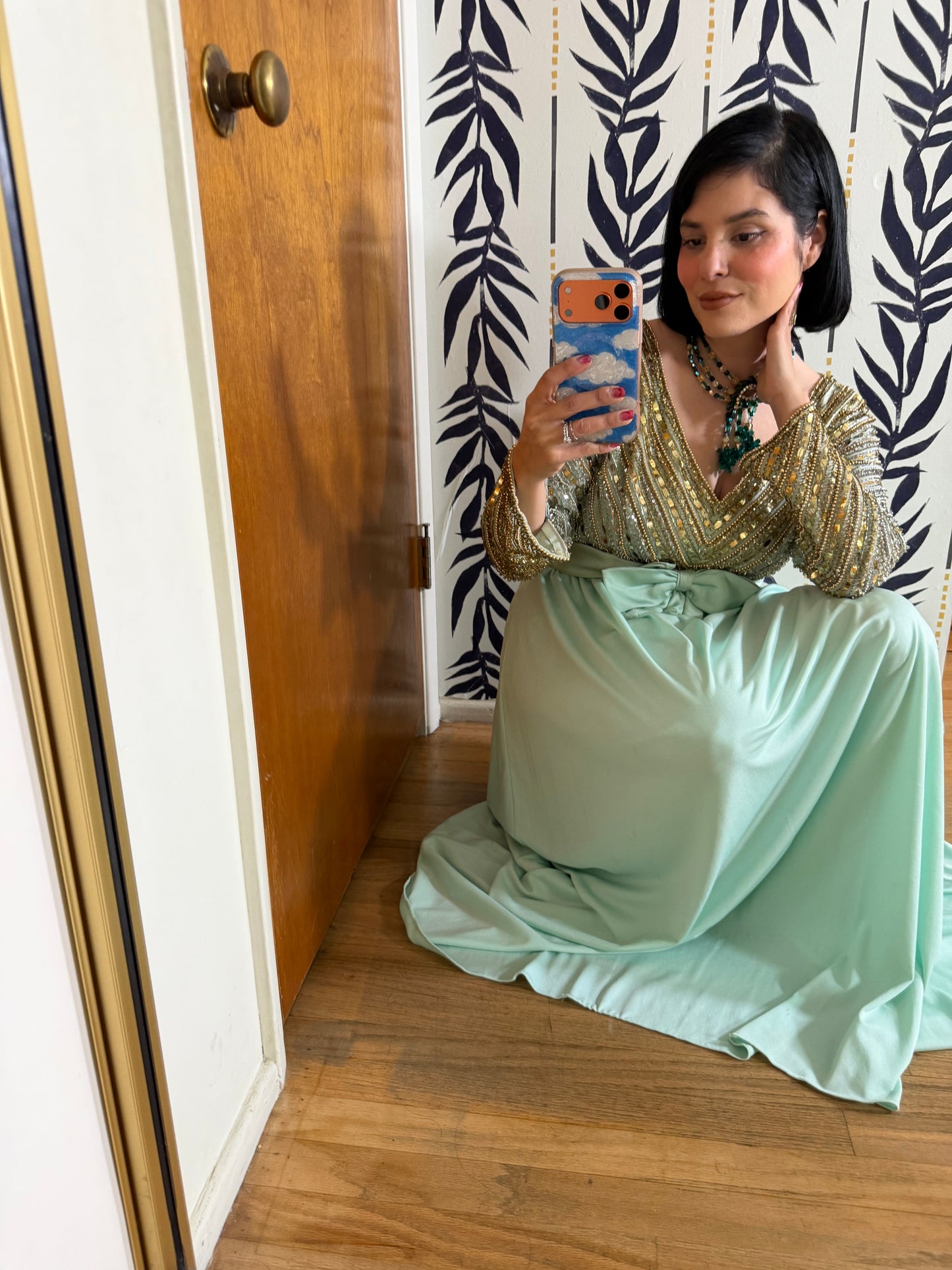 60s Vibes Victoria Royal Ltd. Embellished Chiffon Sea foam Green Gown S-M & possible size L