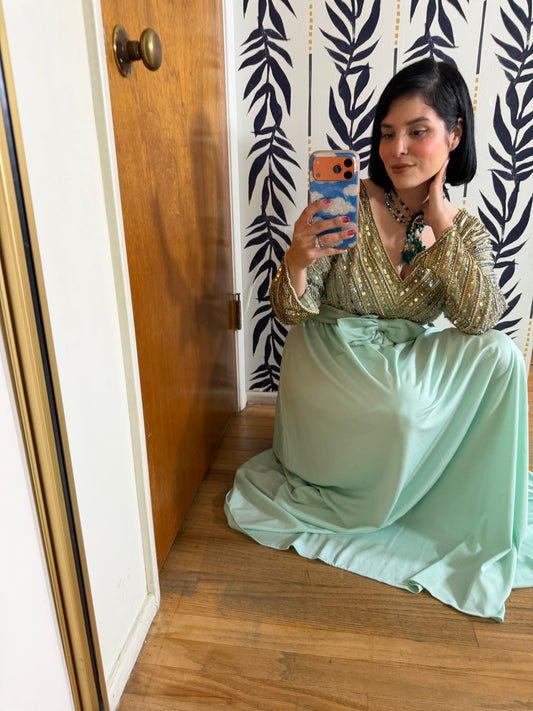 60s Vibes Victoria Royal Ltd. Embellished Chiffon Sea foam Green Gown S-M & possible size L