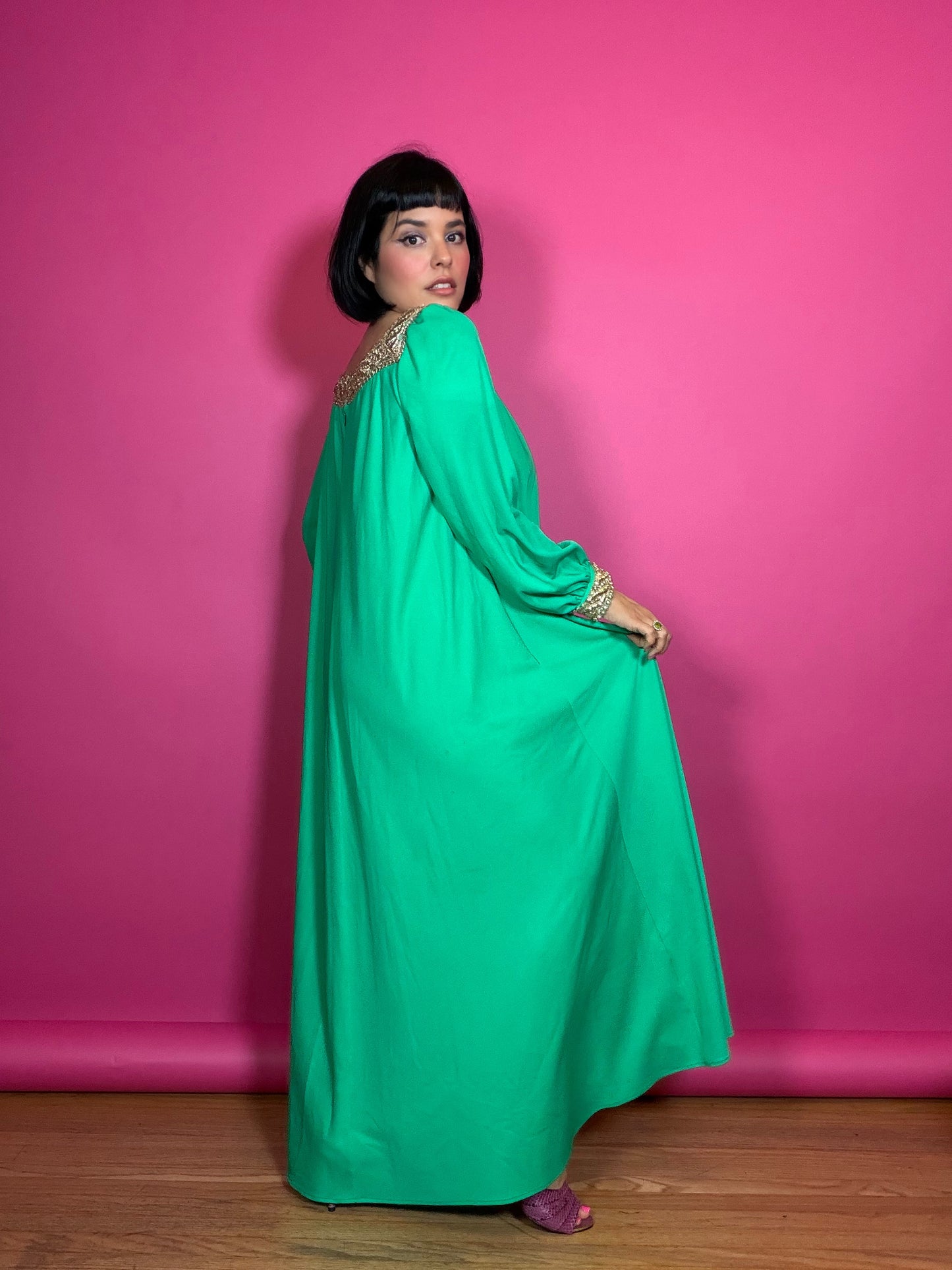 60s Lucie Ann of Beverly Hills Kelley Green & Gold Trapeze Style Dress Fits most sizes