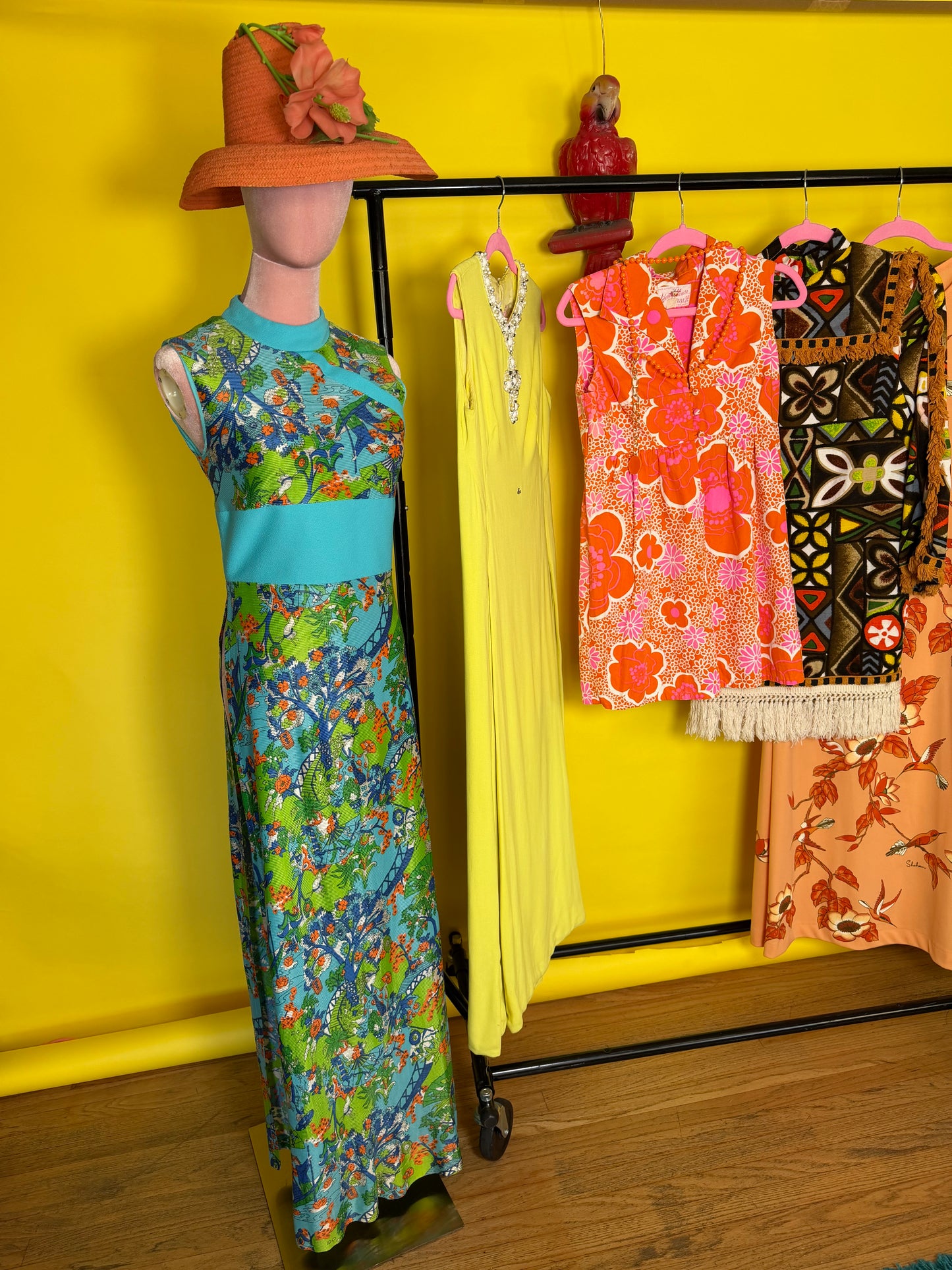 Vintage 60s Japanese Garden Novelty Print Hostess Maxi Dress Fits XS-M