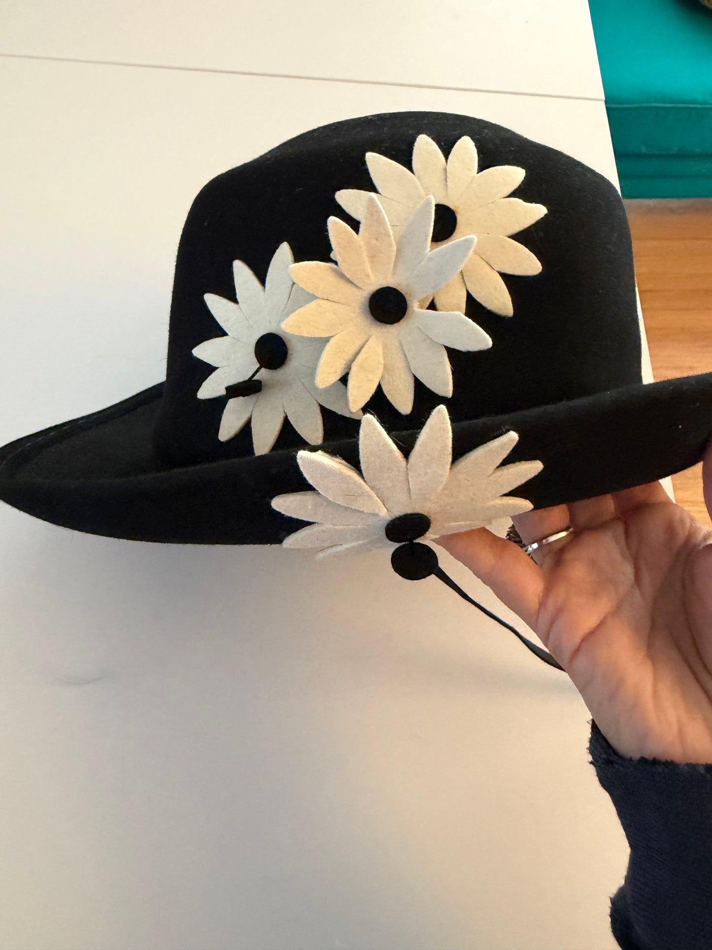 Vintage 60s Mod Adolfo II Black Wool Hat & White Daisies