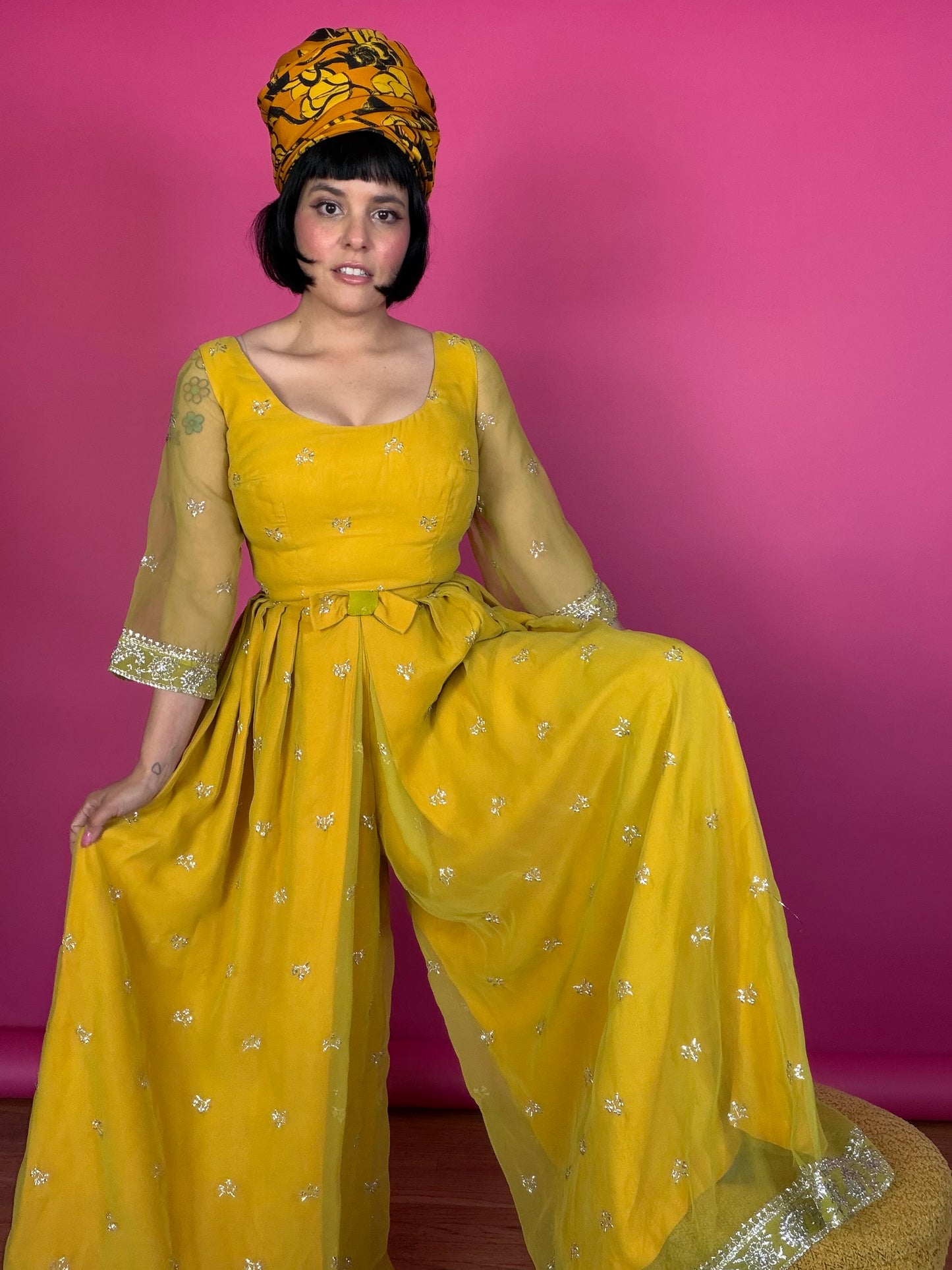 Vintage 60s Kukulus Originals Marigold Chiffon Jumpsuit Fits XS-SM
