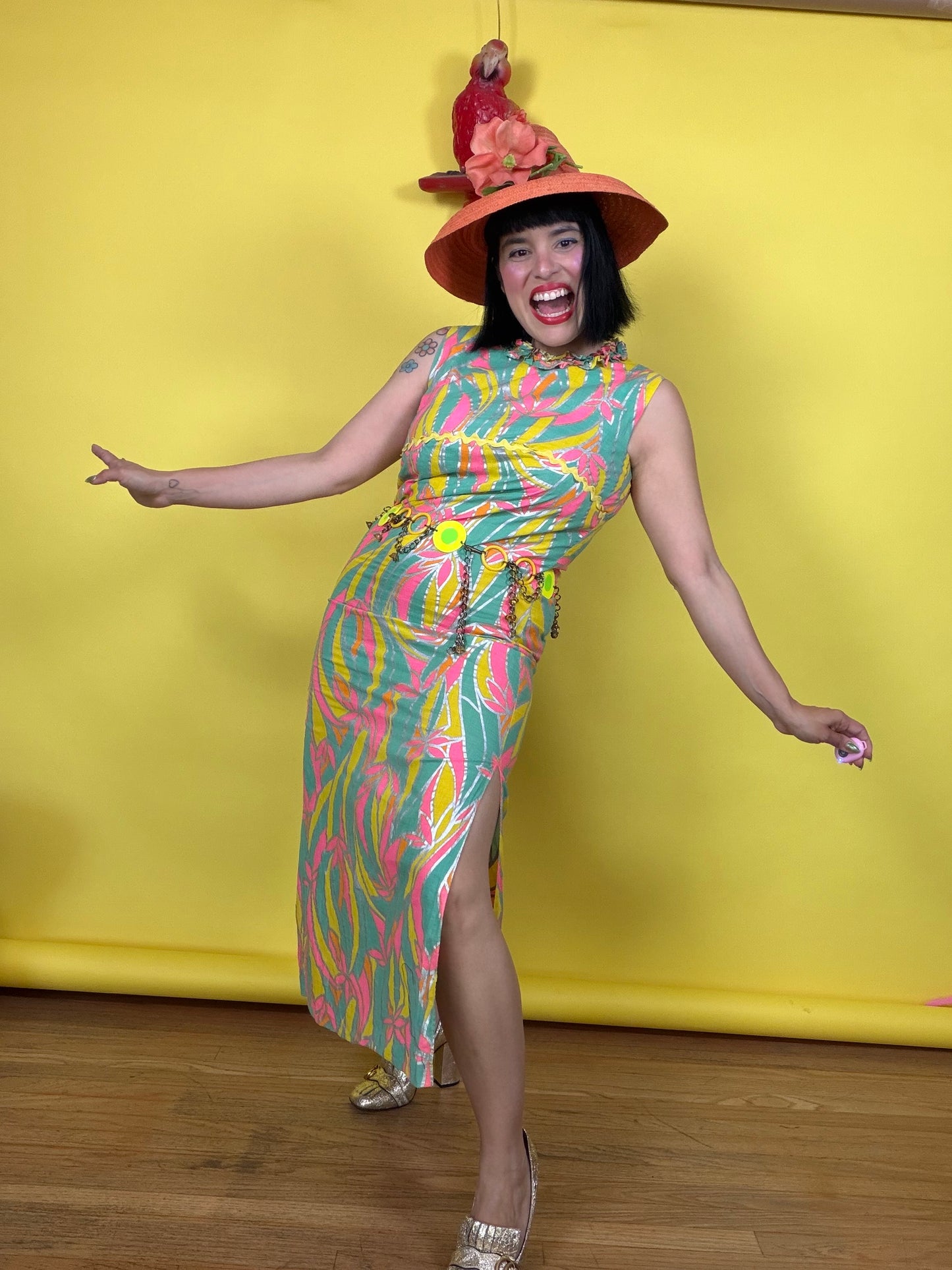 Vintage 60s Birds of Paradise DayGlo Metallic Maxi Dress Fits XS-SM