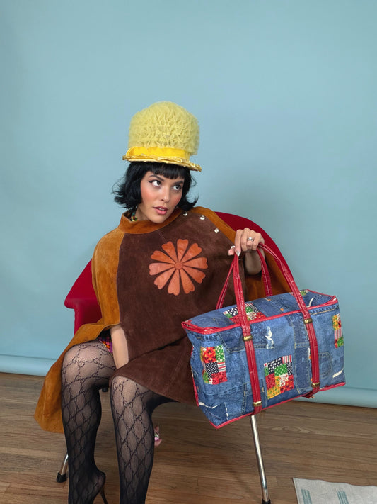 Vintage 1960s / 1970s  Novelty Denim Patchwork Weekender Bag