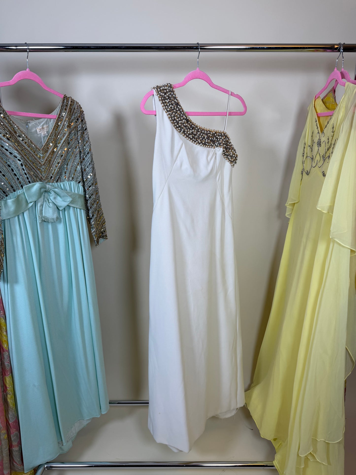 50s Vintage Emma Domb One Shoulder Embellished Pearl Beading Gown Fits XS-SM