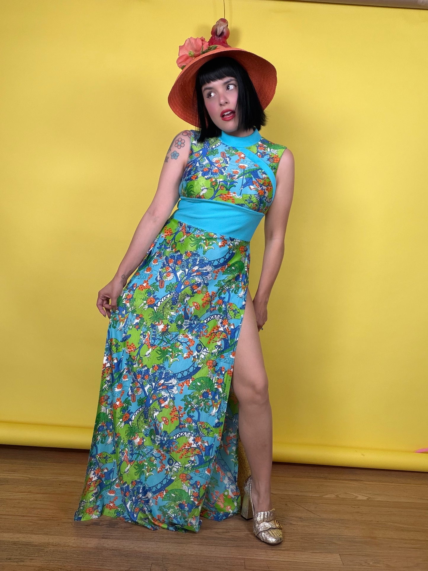 Vintage 60s Japanese Garden Novelty Print Hostess Maxi Dress Fits XS-M