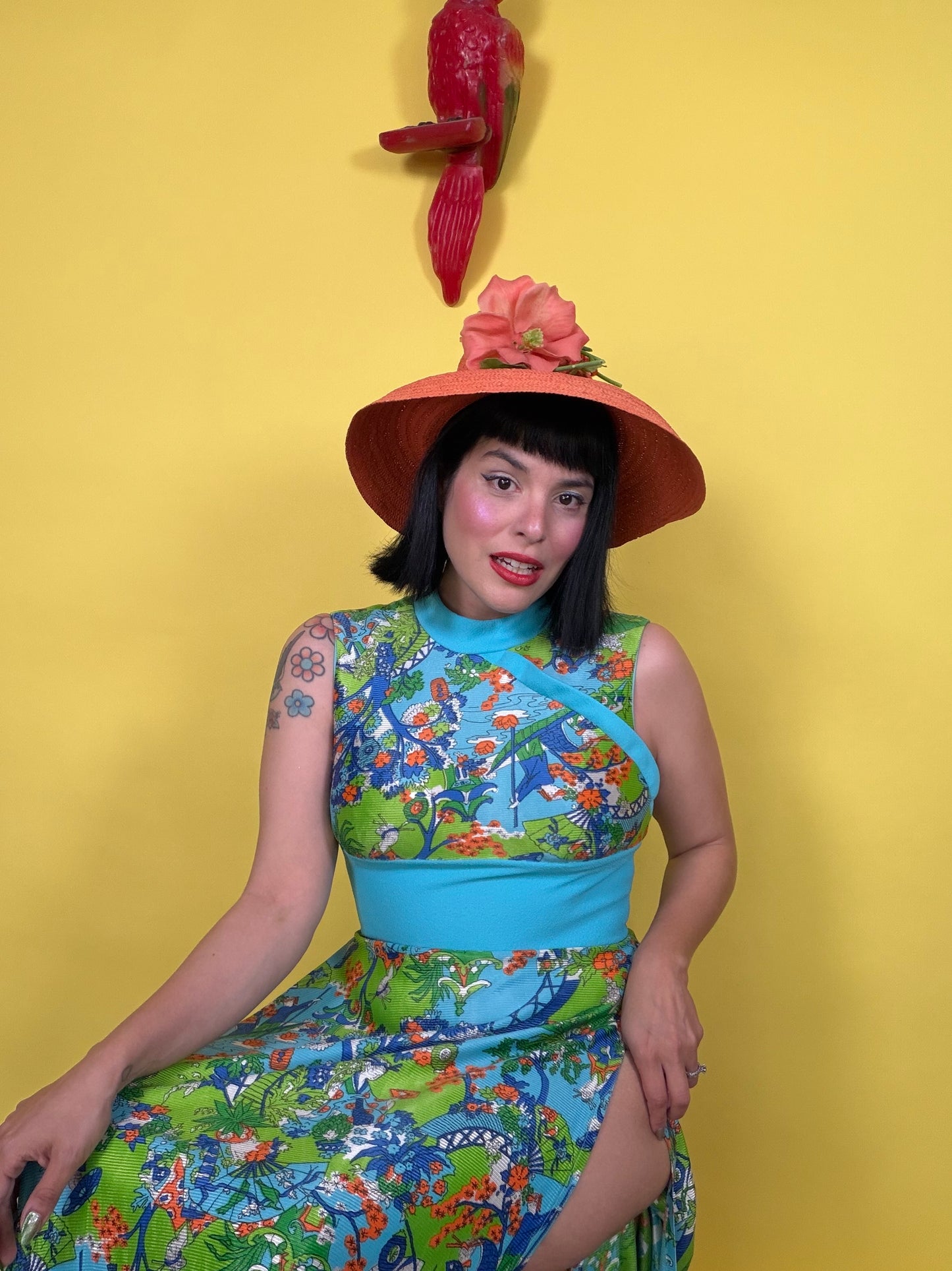 Vintage 60s Japanese Garden Novelty Print Hostess Maxi Dress Fits XS-M