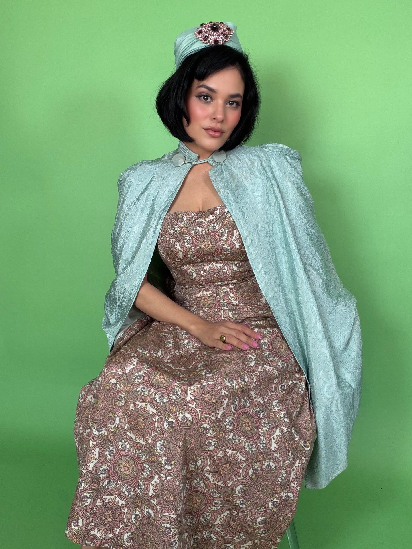Vintage 30s / 40s Tile Print Cold Rayon Gown with Peplum Fits XS-SM