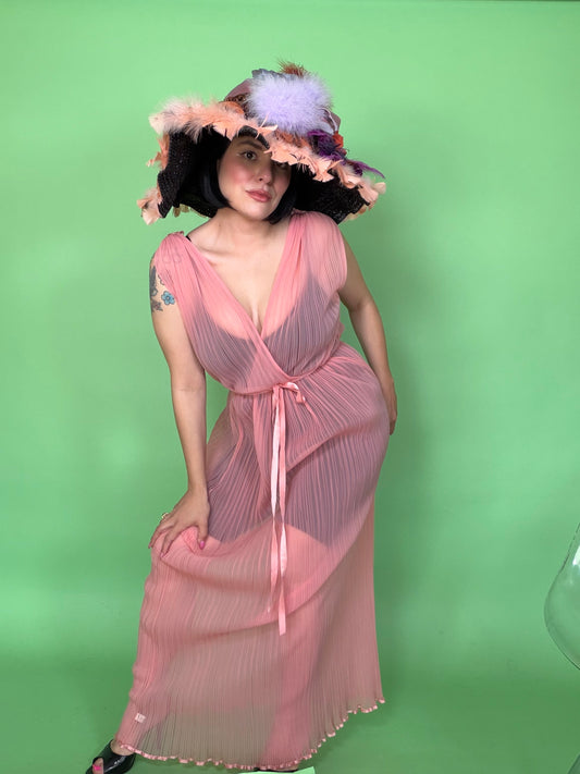 Vintage 50s /60s Pale Coral Sheer Pleated Gown by Colura Fits XS-M & Possible size L