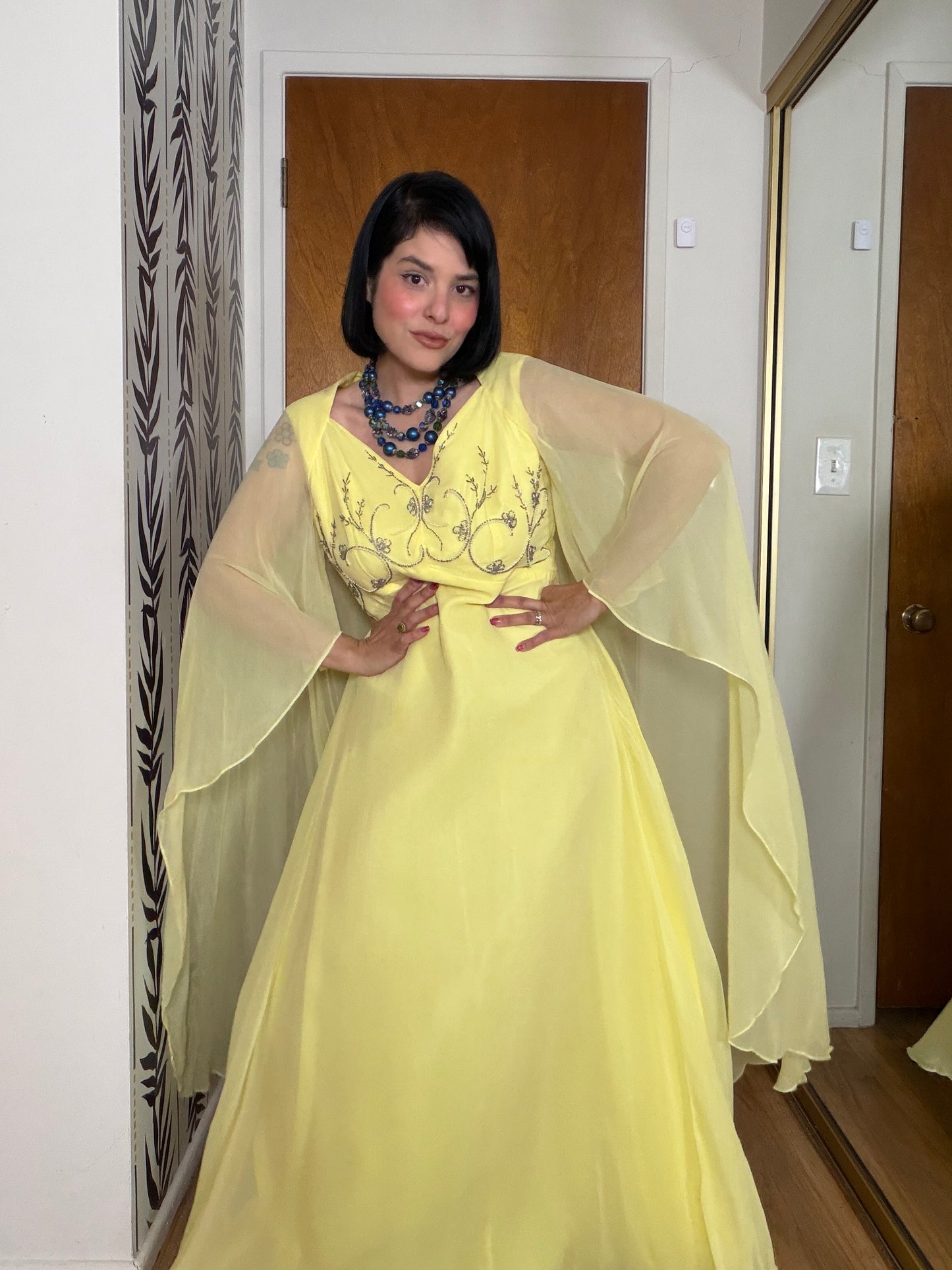 60s Vintage Ethereal Yellow Chiffon Cape Sleeve Gown Fits S-M