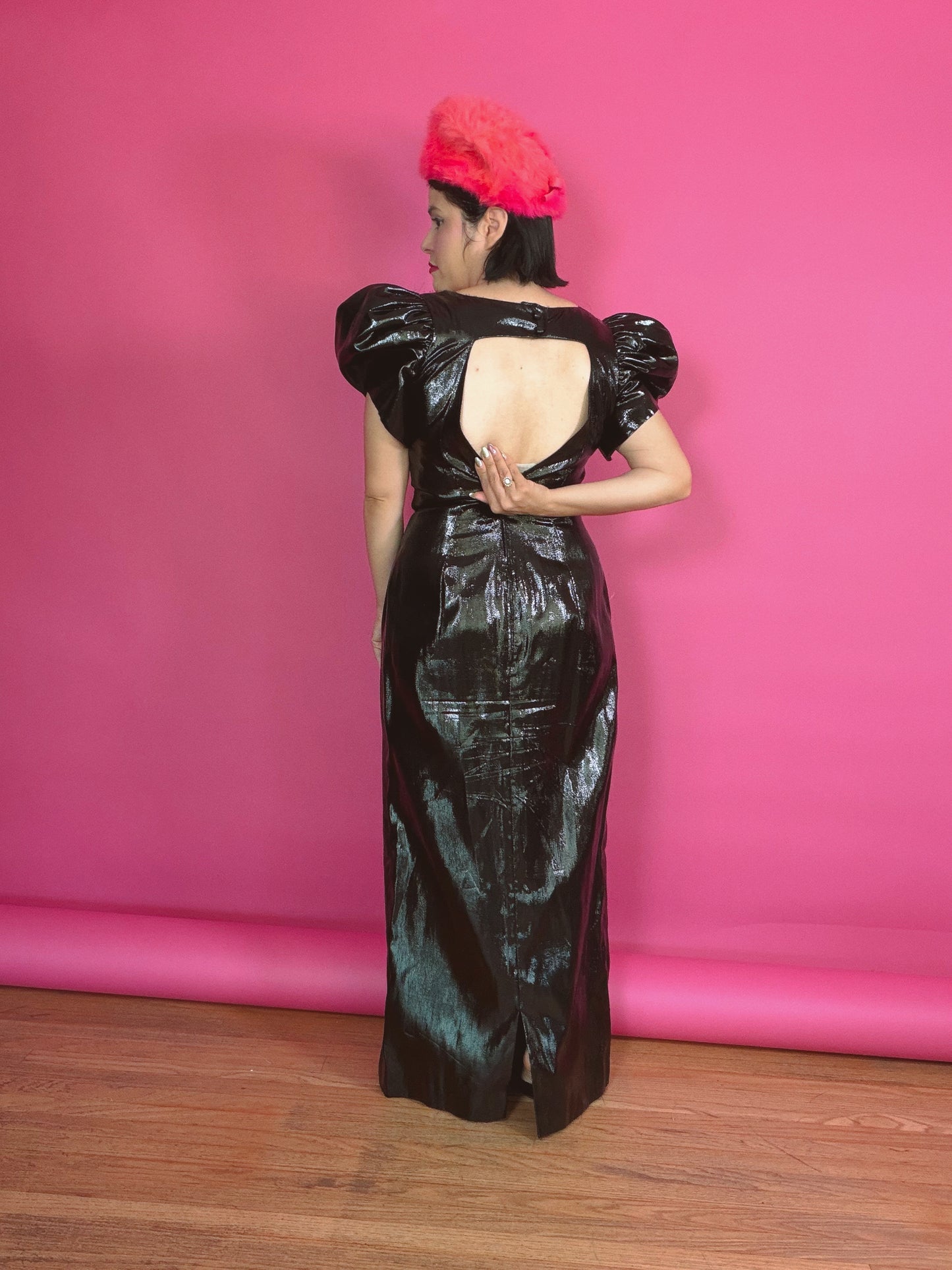 Vintage 1980s Wet Look Maxi Puffy Sleeves Gown Fits XS-M