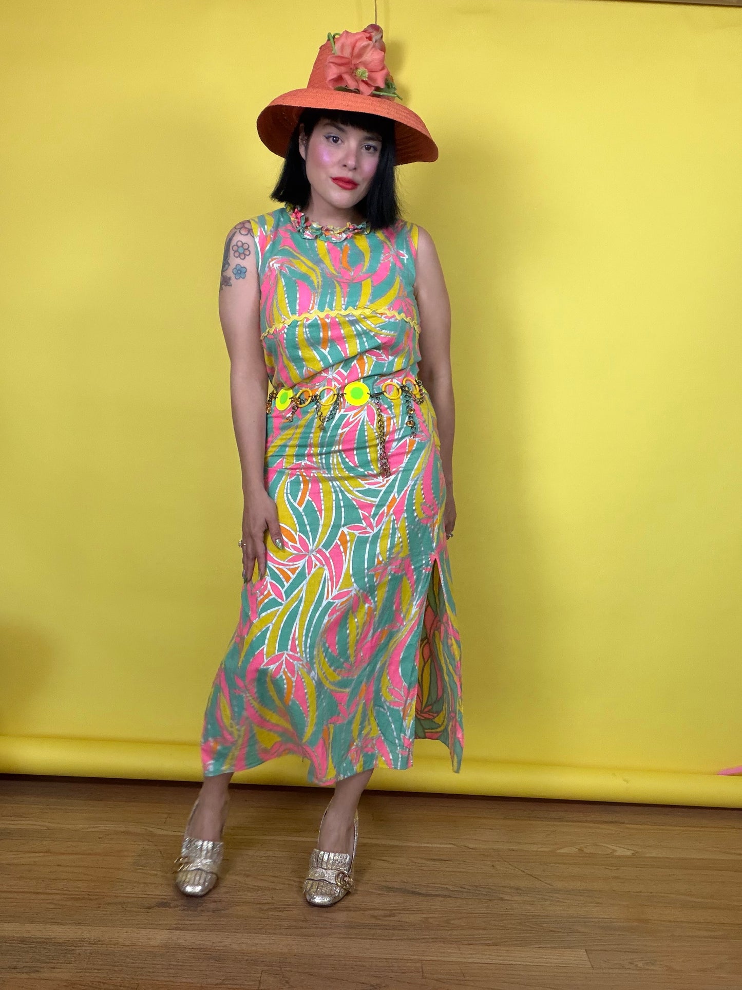 Vintage 60s Birds of Paradise DayGlo Metallic Maxi Dress Fits XS-SM