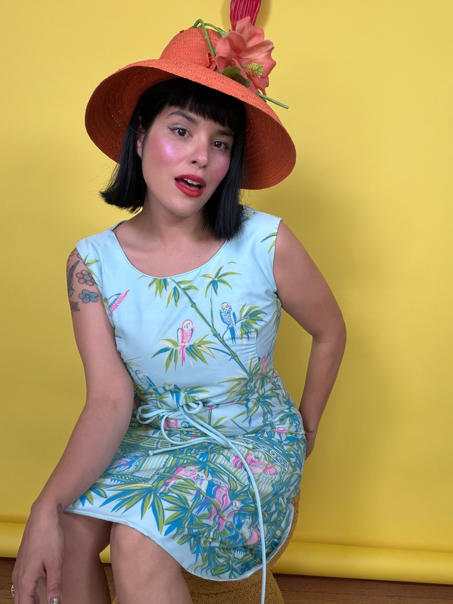 Vintage 60s Lee Stevens of Miami Polished Cotton Tropical Parrot Paradise Print Dress XS-SM