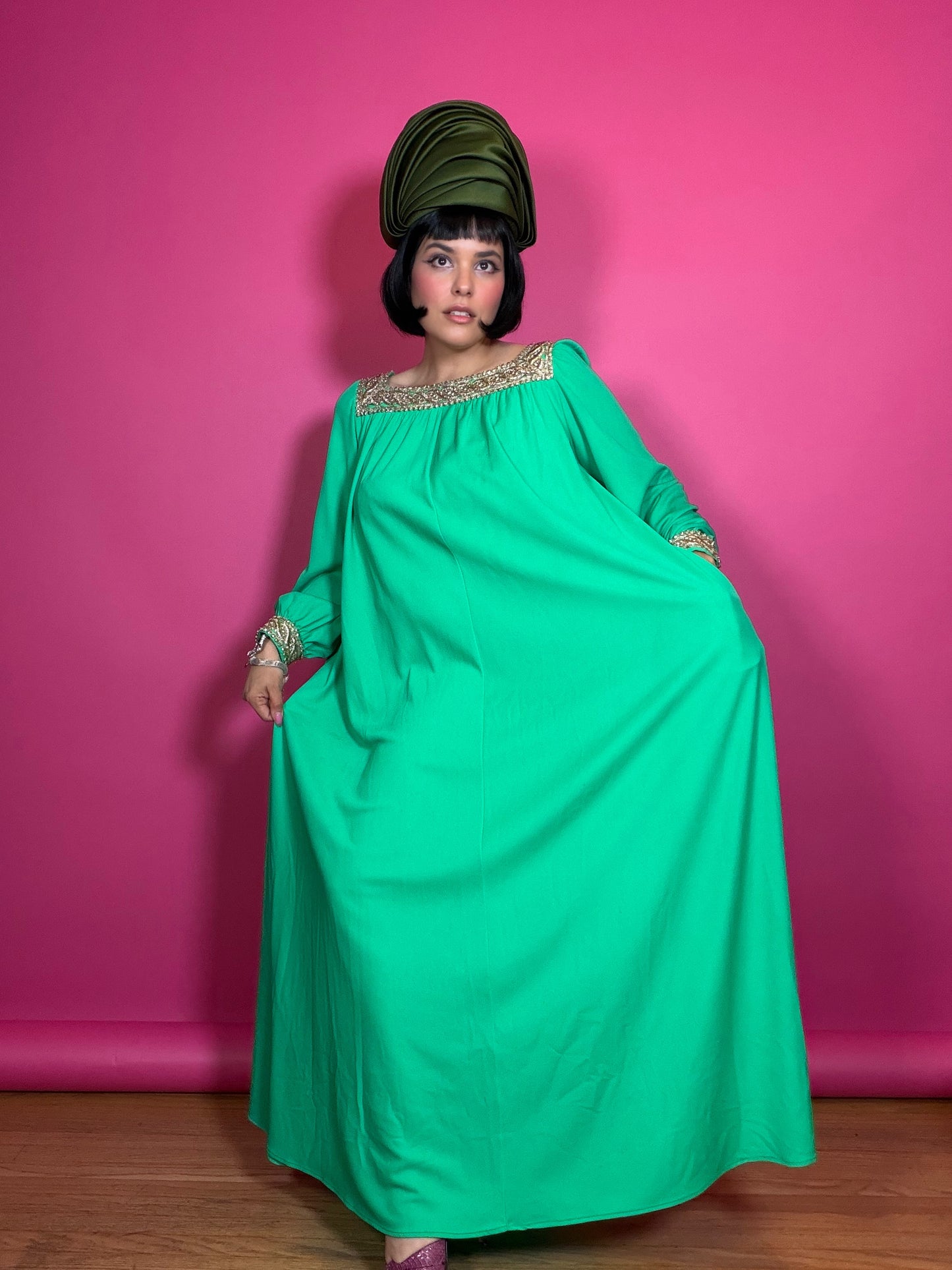60s Lucie Ann of Beverly Hills Kelley Green & Gold Trapeze Style Dress Fits most sizes