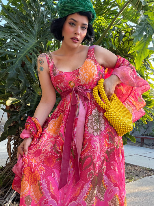 Vintage 60s Malcolm Starr Elinor Simmons Silk Chiffon Pink floral Psychedelic Maxi Gown & Shawl Fits XS-SM