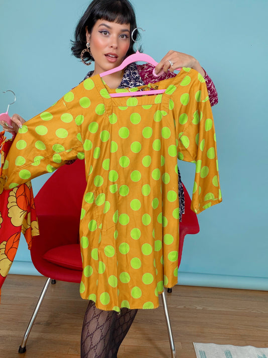 Vintage 1960s Design House Cotton Polka Dot Wrap Tunic Fits Most Sizes