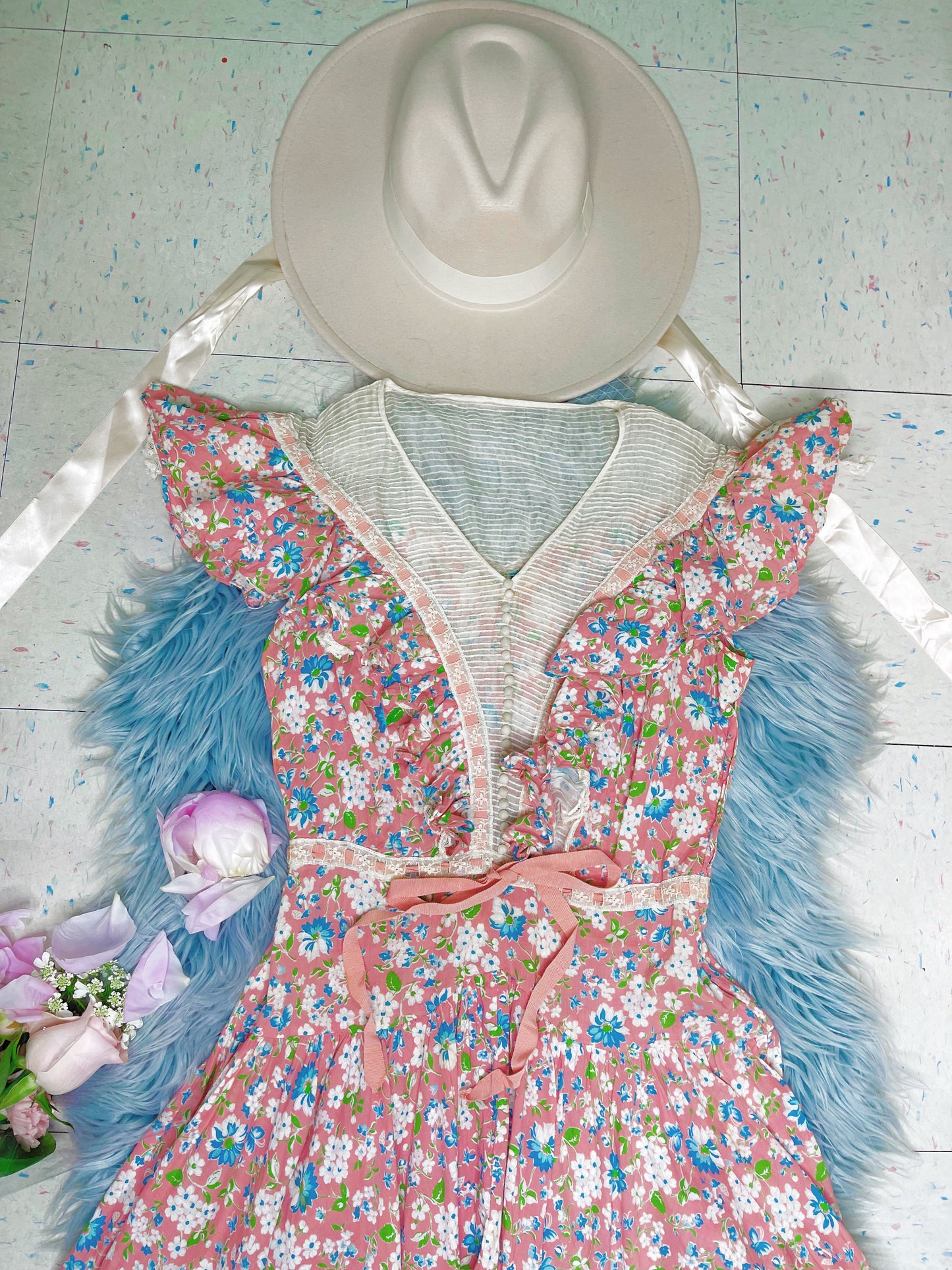 Vintage 1940s Cotton Floral Sheer Bodice Maxi Dress Fits sizes S-M