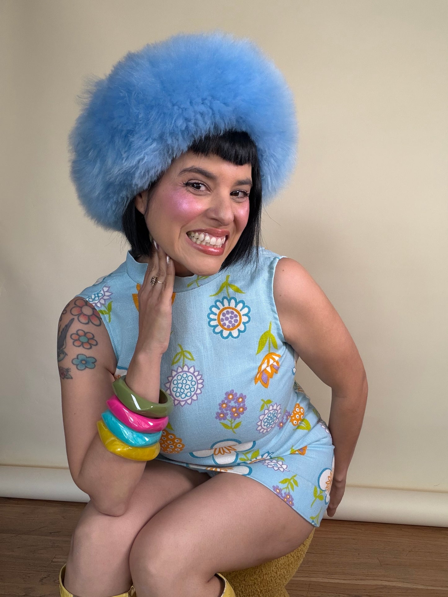 Vintage 60s Powder Blue Floral Mini Dress Fits XS-SM