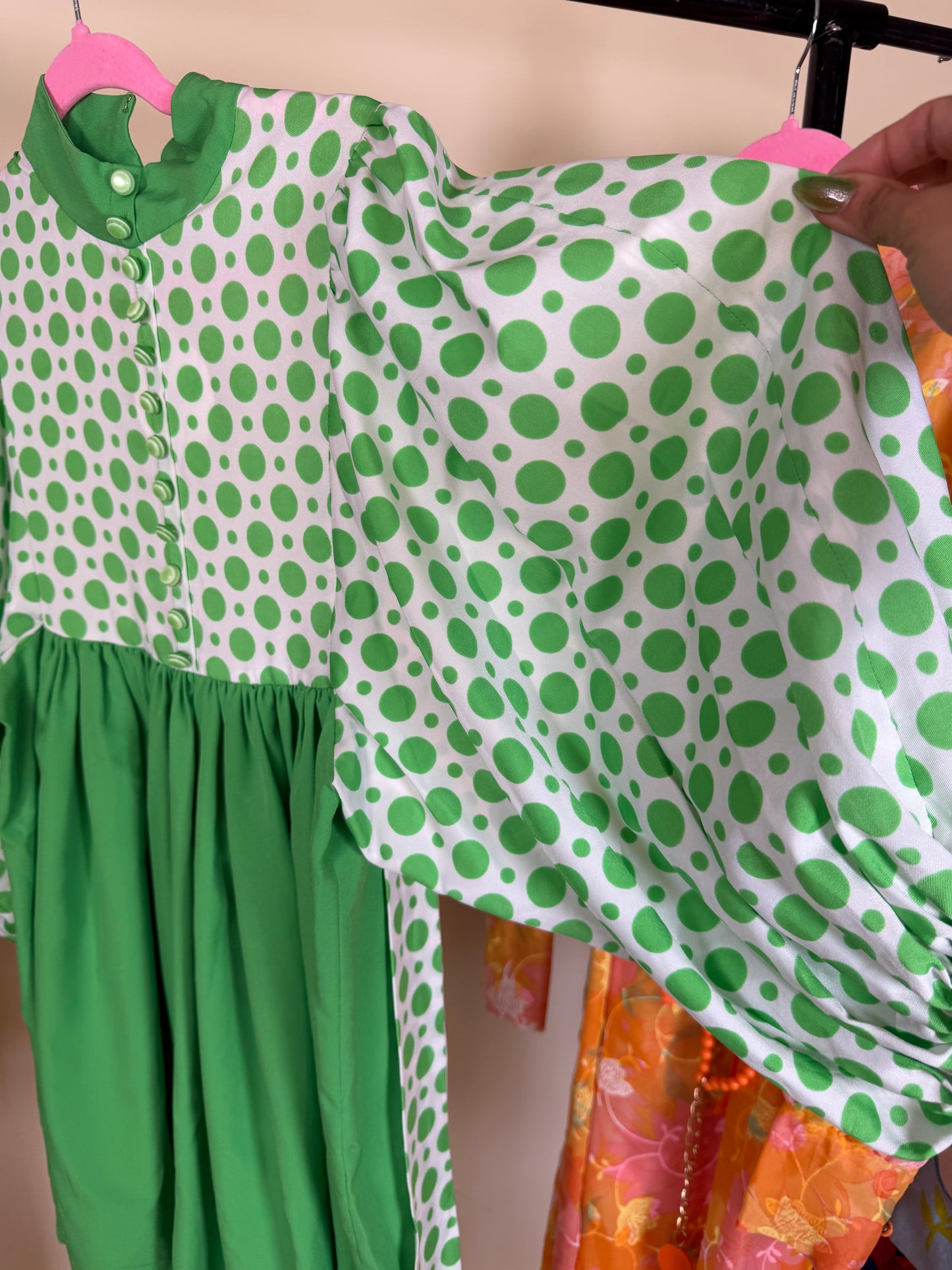Vintage 60s Mod Balloon Sleeve Green Polkadot Babydoll Mini XS-M
