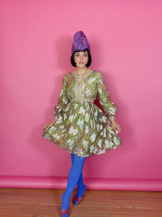 Vintage 60s Saks 5th Ave Chartreuse Rainbow & Gold Lame Cocktail Dress Fits XS-SM