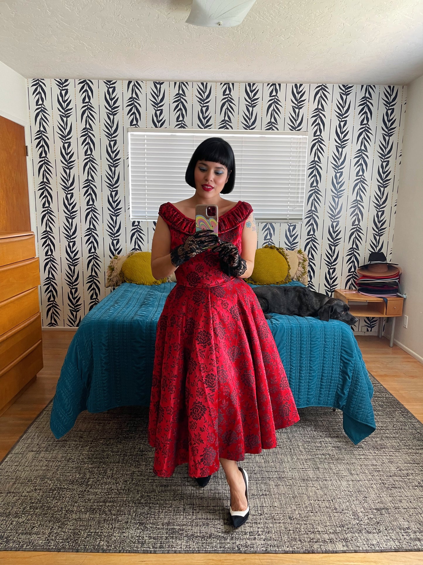 Vintage 50s / 60s Damask Red & Black floral Design A-line Full Skirt Dress fits size S