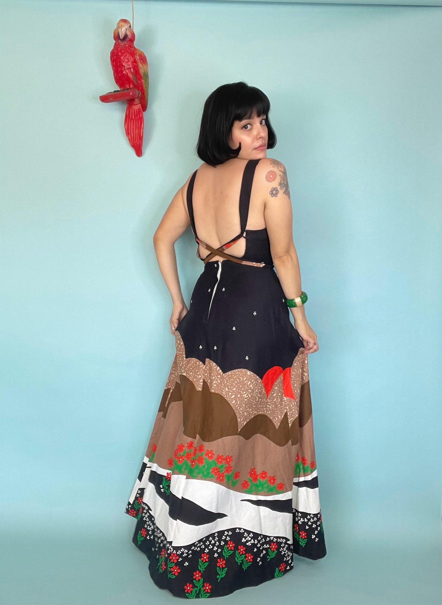 Vintage 60s / 70s Malia Honolulu Novelty Print Maxi Dress Fits XS-S