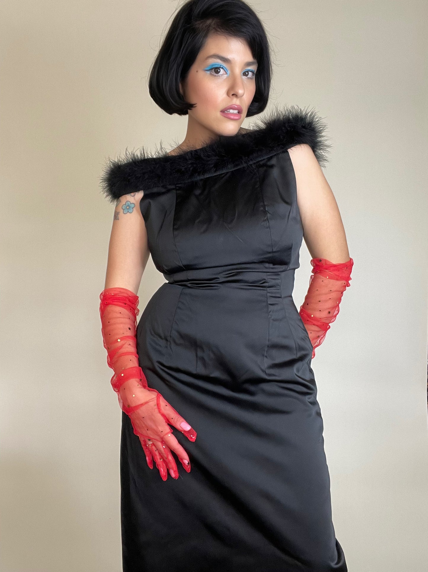 Vintage 50s 60s Couture Black Marabou Feather Wiggle Dress Fits Sizes XXS-S