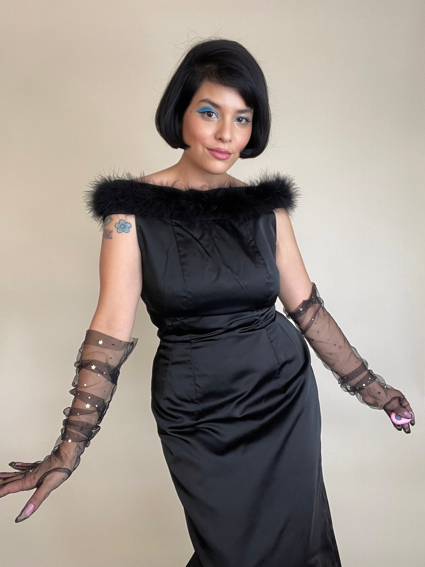 Vintage 50s 60s Couture Black Marabou Feather Wiggle Dress Fits Sizes XXS-S