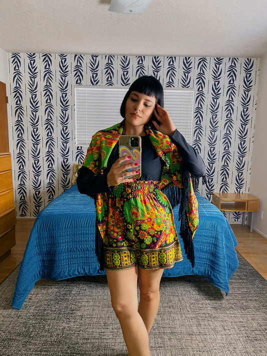 Vintage 60s / 70s Smock Waist Paisley Neon Print Romper with Matching Scarf Fits Sizes XS-SM