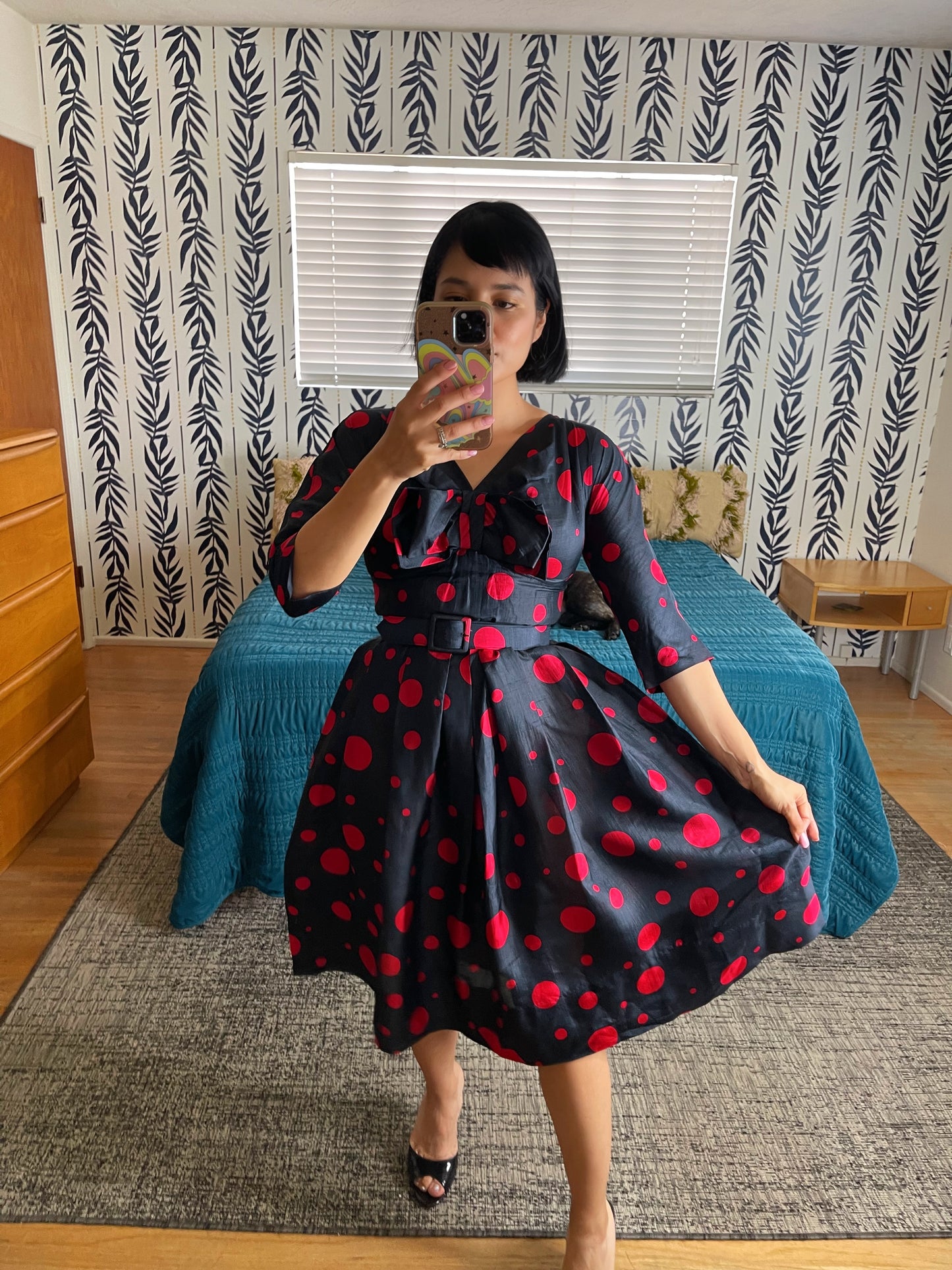 Vintage 50s 60s Red and Black Silk Blend Abstract Polka Dot Fit n Flare Dress with Attached Front Bow Fits Sizes XS