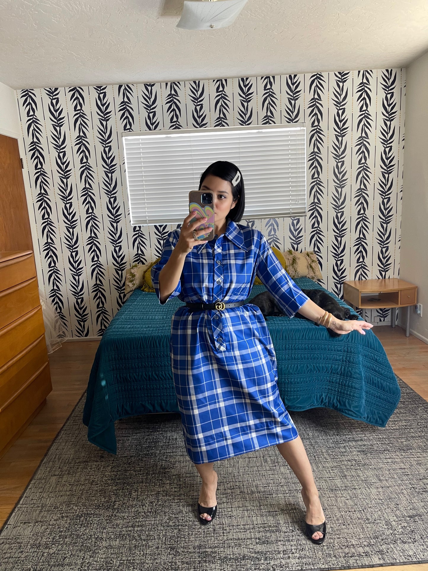 60s 70s Vintage Button Down Blue and White Plaid Shift Style Dress with Dagger Collar Fits Sizes S-L