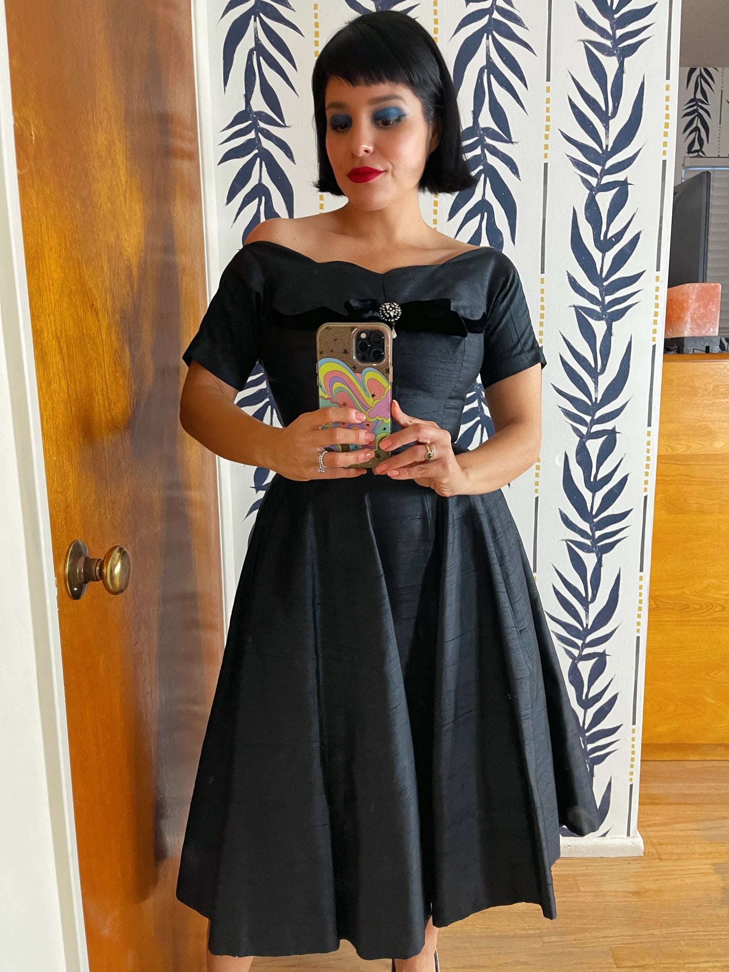Vintage 50s Black Raw Silk Fit and Flare Scallop Neckline Velvet Bow Rhinestone Brooch Cocktail Dress Fits Size XS