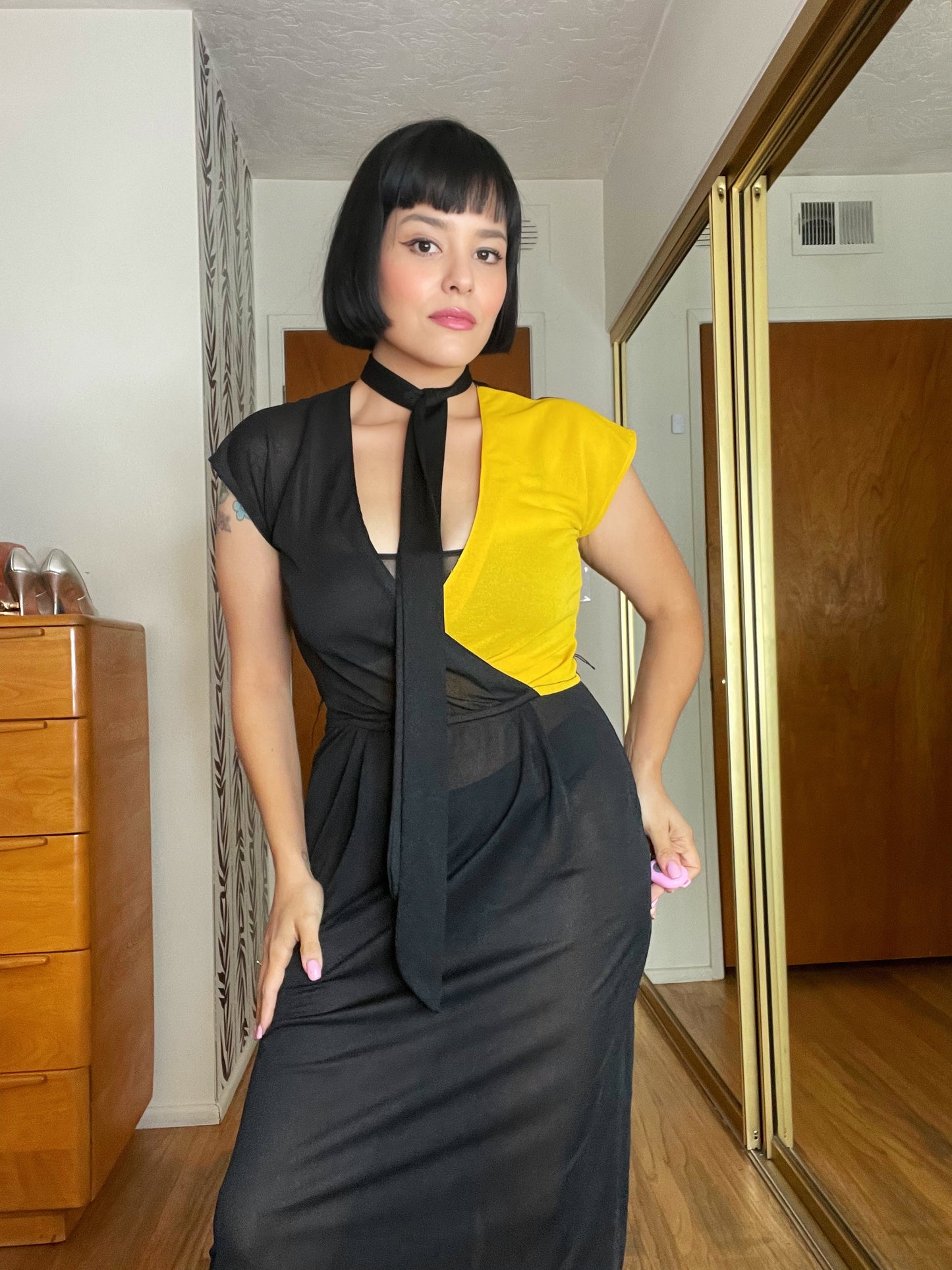 Vintage 70s "Foxy Lady San Francisco" Yellow and Black Block Color Semi Sheer Maxi Dress Fits Sizes XS-S, Possible M